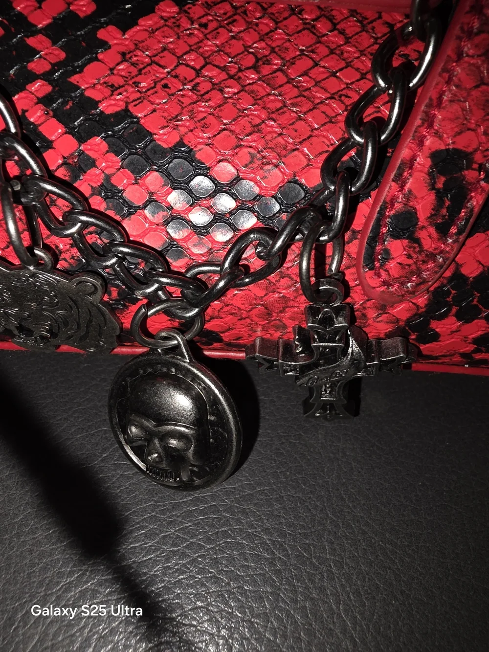 Ed Hardy Red and Black Snake-Print Satchel with Charm Chain